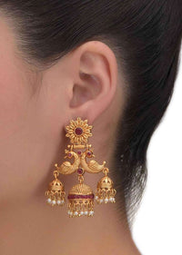 Purple Stone Studded Jhumkas With Peacock Design And Dangling Pearls Online - Kalki Fashion