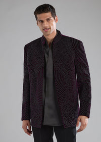 Purple Velvet Jodhpuri Shirt Set with Bead Work