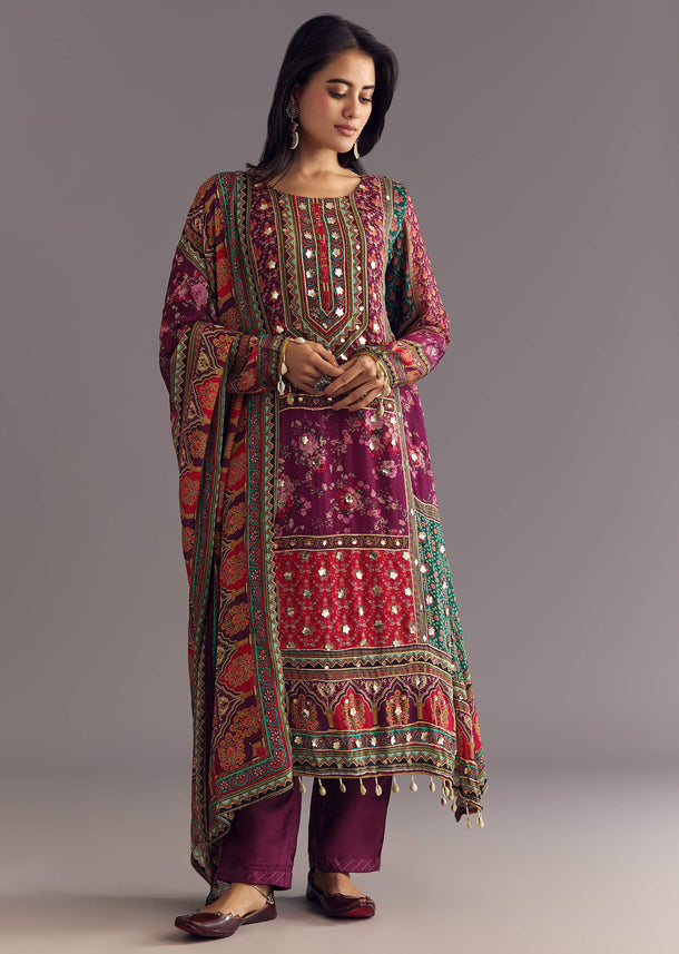 Purple Wine Floral Chinon Kurta Set With Gotta Lace Dupatta