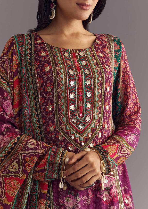 Purple Wine Floral Chinon Kurta Set With Gotta Lace Dupatta