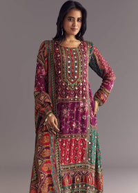 Purple Wine Floral Chinon Kurta Set With Gotta Lace Dupatta