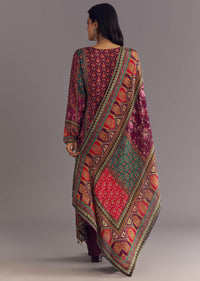 Purple Wine Floral Chinon Kurta Set With Gotta Lace Dupatta