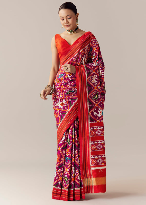 Purple Woven Silk Ikkat Saree with Unstitched Blouse