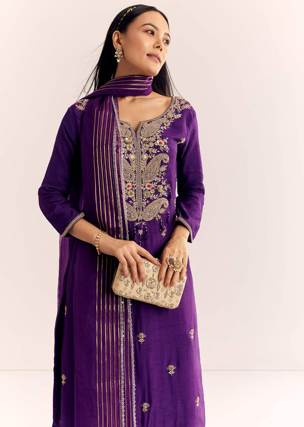 Purple Zardosi Work Dola Silk Kurta Set With Organza Dupatta