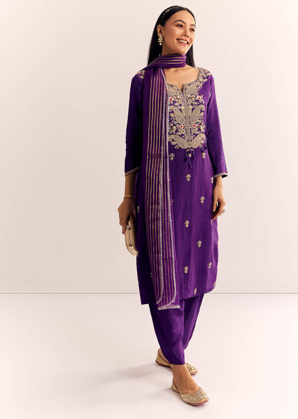 Purple Zardosi Work Dola Silk Kurta Set With Organza Dupatta