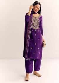 Purple Zardosi Work Dola Silk Kurta Set With Organza Dupatta
