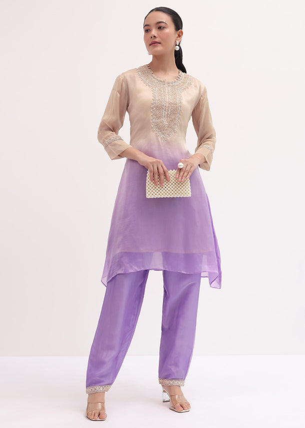 Purple And Beige Embroidered Kurta Pant