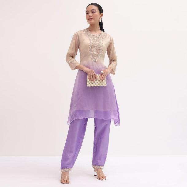 Purple And Beige Embroidered Kurta Pant