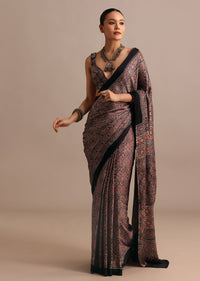 Purple And Brown Modal Satin Ajrakh Handblock Printed Saree