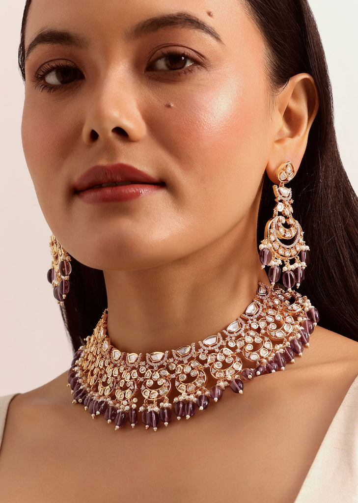 Purple And Gold Mix Metal Kundan Choker Set