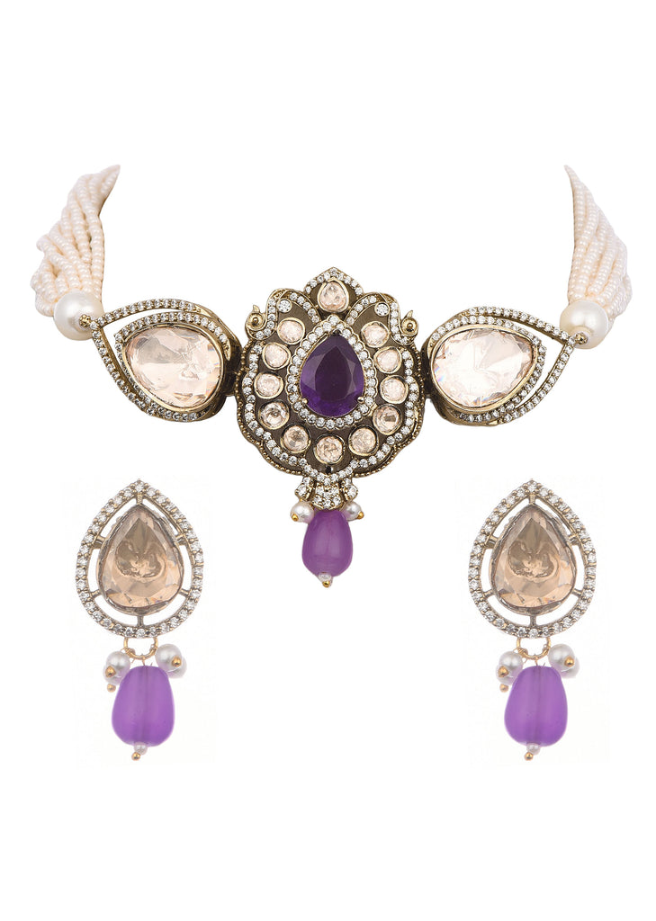 Purple And Gold Mix Metal Uncut Polki Choker Necklace Set