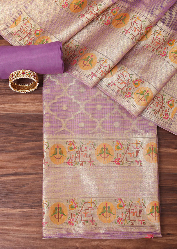 Purple And Gold Paithani Woven Silk Dress Material