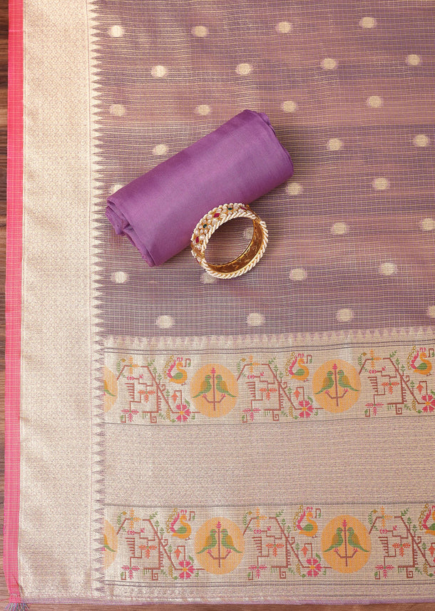 Purple And Gold Paithani Woven Silk Dress Material