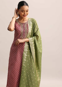 Purple And Green Embroidered Chanderi Kurta Palazzo With Dupatta