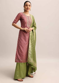 Purple And Green Embroidered Chanderi Kurta Palazzo With Dupatta