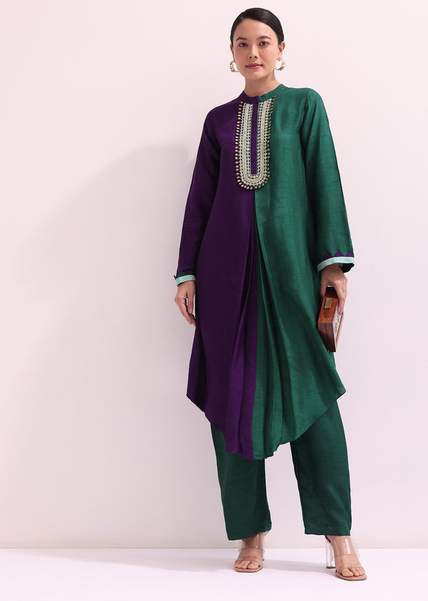 Purple And Green Embroidered Kurta And Pant