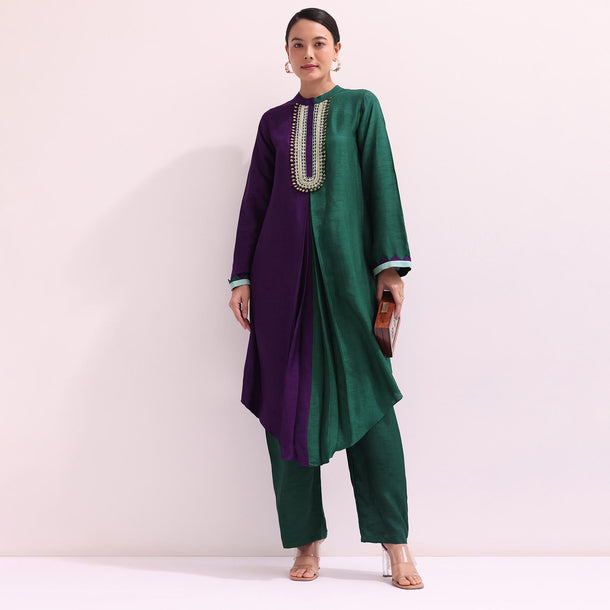 Purple And Green Embroidered Kurta And Pant