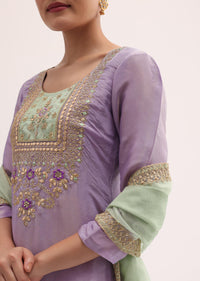 Purple And Green Embroidered Kurta Palazzo Set