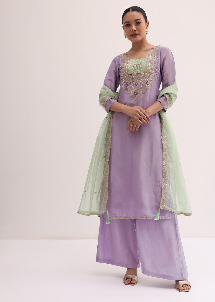 Purple And Green Embroidered Kurta Palazzo Set