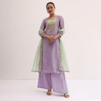 Purple And Green Embroidered Kurta Palazzo Set