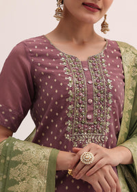 Purple And Olive Green Chanderi Silk Palazzo Set