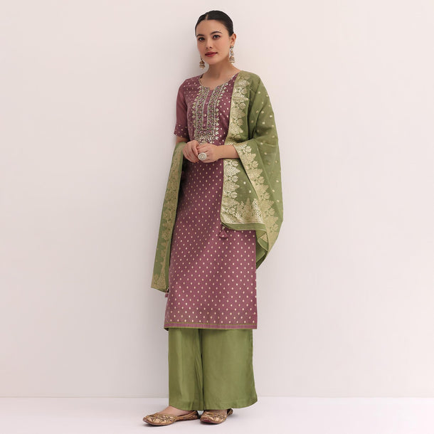 Purple And Olive Green Chanderi Silk Palazzo Set