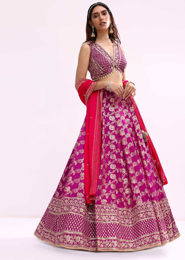 Purple And Pink Embroidered Silk Lehenga Choli Set