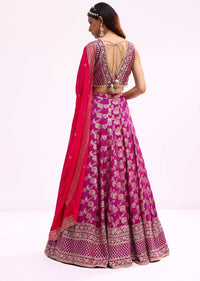 Purple And Pink Embroidered Silk Lehenga Choli Set