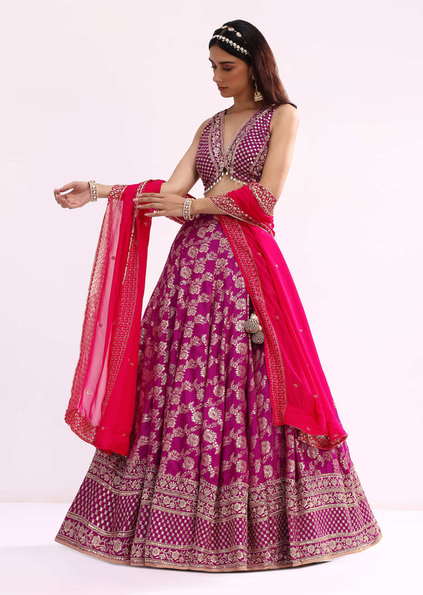 Purple And Pink Embroidered Silk Lehenga Choli Set