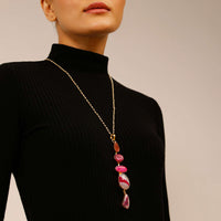 Purple And Pink Semi Precious Stone Studded Pendant And Gold Plated Chain