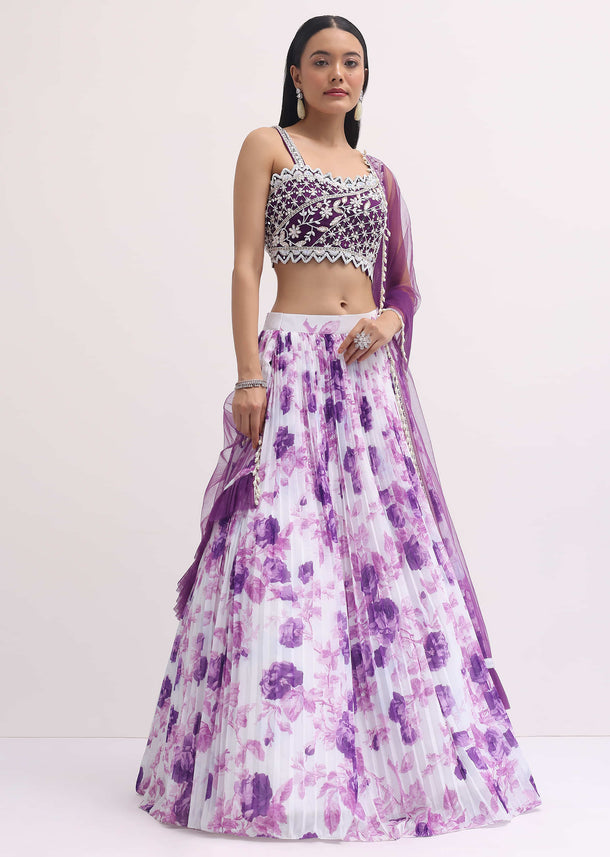 Purple And White Printed Lehenga Choli Set