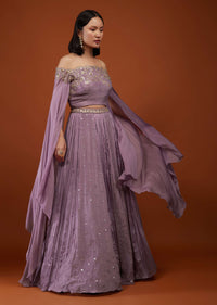 Lilac Purple Ash Skirt And Crop-Top In Chinon With Embroidery