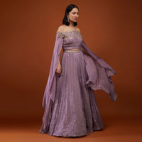 Lilac Purple Ash Skirt And Crop-Top In Chinon With Embroidery