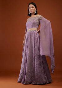 Lilac Purple Ash Skirt And Crop-Top In Chinon With Embroidery