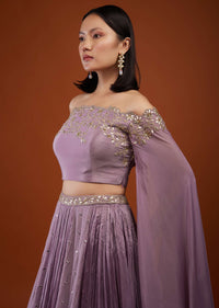 Lilac Purple Ash Skirt And Crop-Top In Chinon With Embroidery