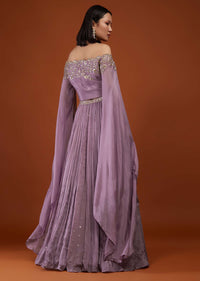 Lilac Purple Ash Skirt And Crop-Top In Chinon With Embroidery