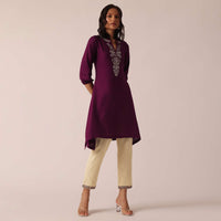 Wine Asymmetric Kurta And Pant Set