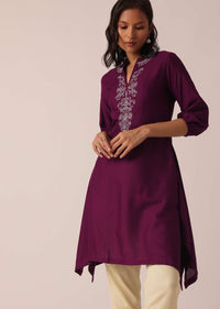 Wine Asymmetric Kurta And Pant Set