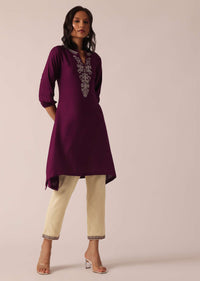 Wine Asymmetric Kurta And Pant Set