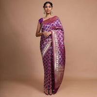 Purple Banarasi Saree In Silk With Weaved Floral Mesh Jaal