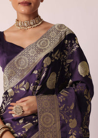 Purple Banarasi Saree With Floral Jaal Woven Pallu And Unstitched Blouse Piece