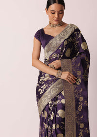 Purple Banarasi Saree With Floral Jaal Woven Pallu And Unstitched Blouse Piece