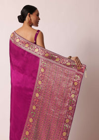 Purple Banarasi Saree With Woven Floral Pallu And Unstitched Blouse Piece