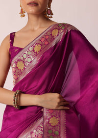 Purple Banarasi Saree With Woven Floral Pallu And Unstitched Blouse Piece