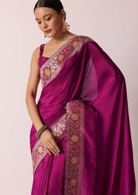 Purple Banarasi Saree With Woven Floral Pallu And Unstitched Blouse Piece