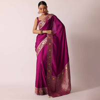 Purple Banarasi Saree With Woven Floral Pallu And Unstitched Blouse Piece