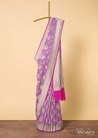 Purple Banarasi Saree With Zari Butta Work All Over