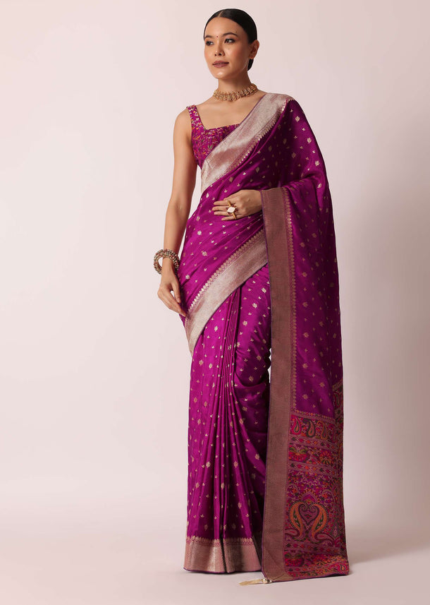 Purple Banarasi Silk Handloom Saree With Woven Motifs And Unstitched Blouse Piece