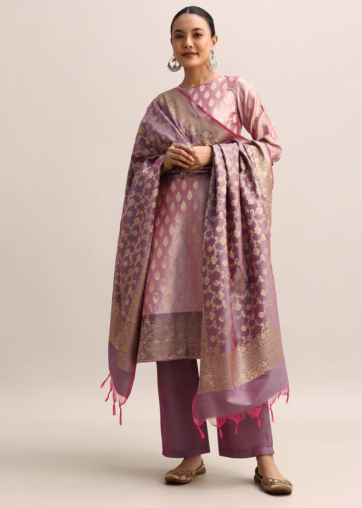 Purple Banarasi Silk Kurta Set With Dupatta