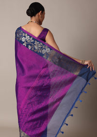 Purple Banarasi Tunchui Silk Saree With Floral Motifs And Unstitched Blouse Piece